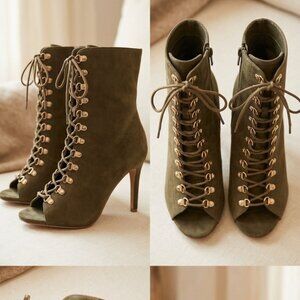 LACY Olive Lace-Up Peep Toe Stiletto Booties – Size 8